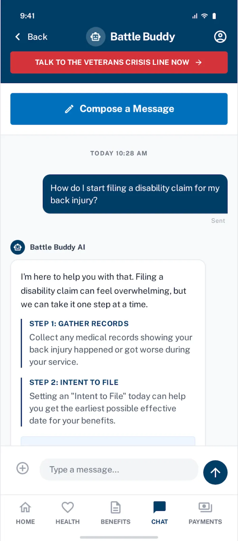 AI Battle Buddy chat interface