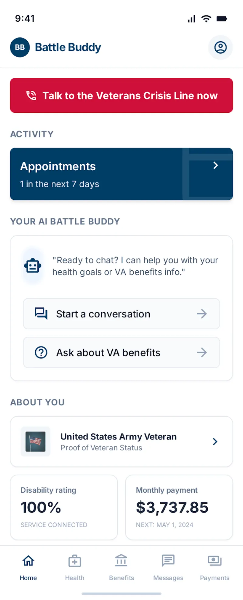 Battle Buddy home dashboard showing health overview