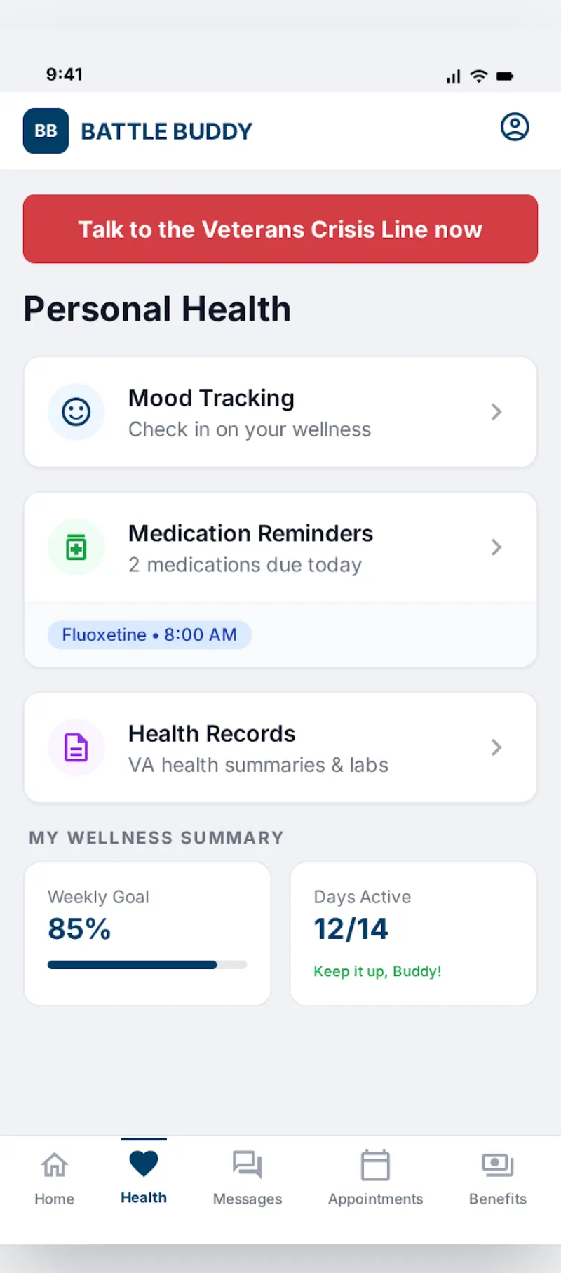 Personal health management screen with medications and appointments
