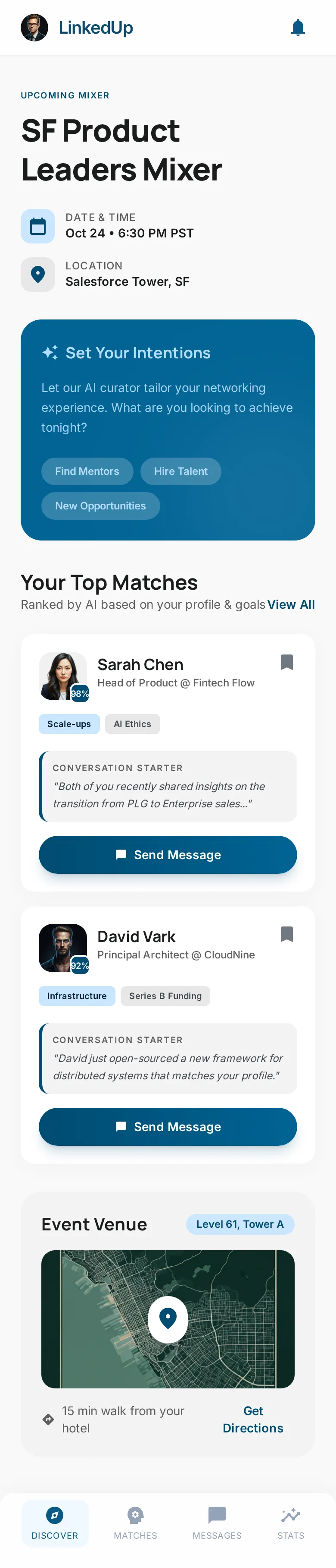 LinkedUp attendee view: AI-ranked matches at the SF Product Leaders Mixer, with double opt-in introductions