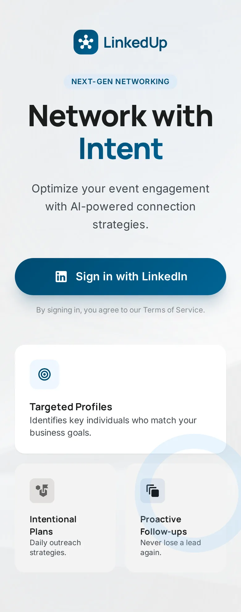LinkedUp welcome screen — join the event with one QR scan