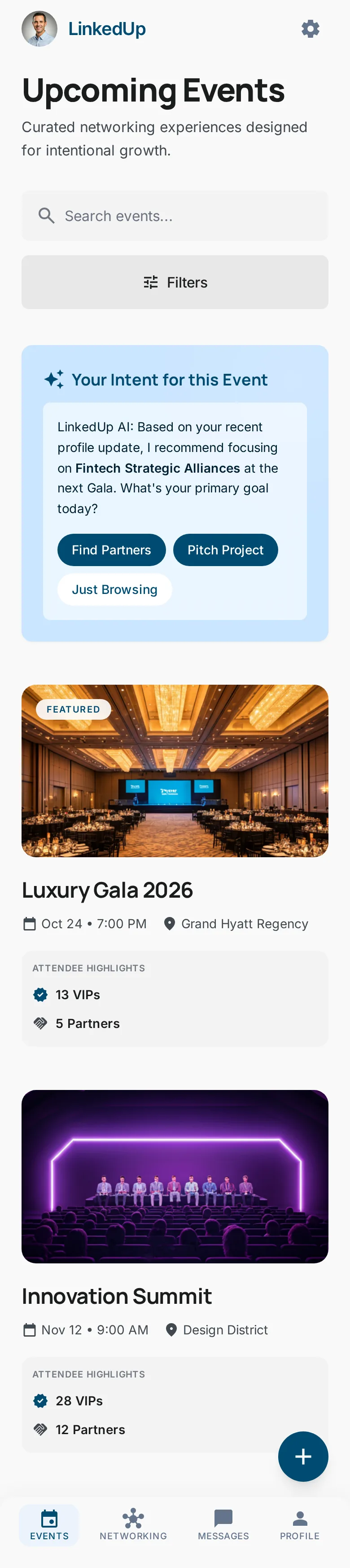 LinkedUp events screen with your intent set for tonight's event