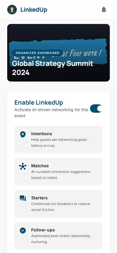 Animated organizer dashboard — 1,284 intentions set and 852 matches made at the Global Strategy Summit
