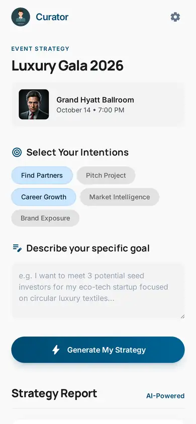Animated LinkedUp strategy report scrolling through intentions, strategy score, and suggested conversations